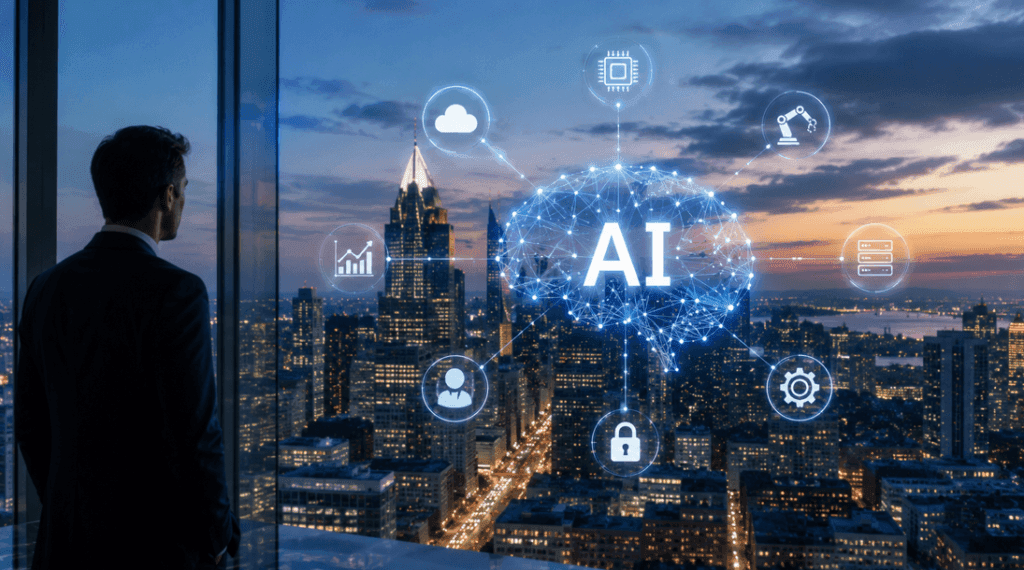 Institutional technology investment scene representing J.P. Morgan's outlook for AI opportunities across venture capital, growth equity and private markets.