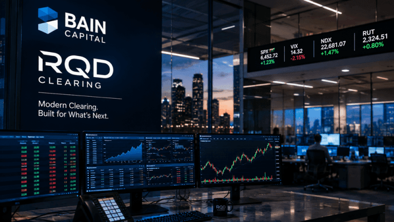 Financial trading and clearing infrastructure representing Bain Capital's $74 million growth investment in RQD Clearing amid rising U.S. options volumes.