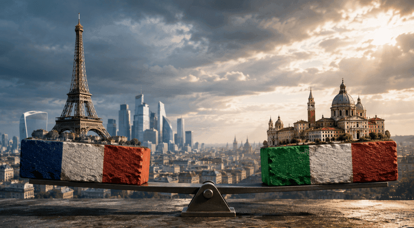 French and Italian financial districts representing the shift in European sovereign bond risk as French borrowing costs rise above Italy's.