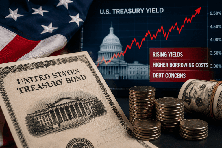 U.S. Treasury bonds and financial markets representing rising government yields and higher borrowing costs across private and public credit markets.