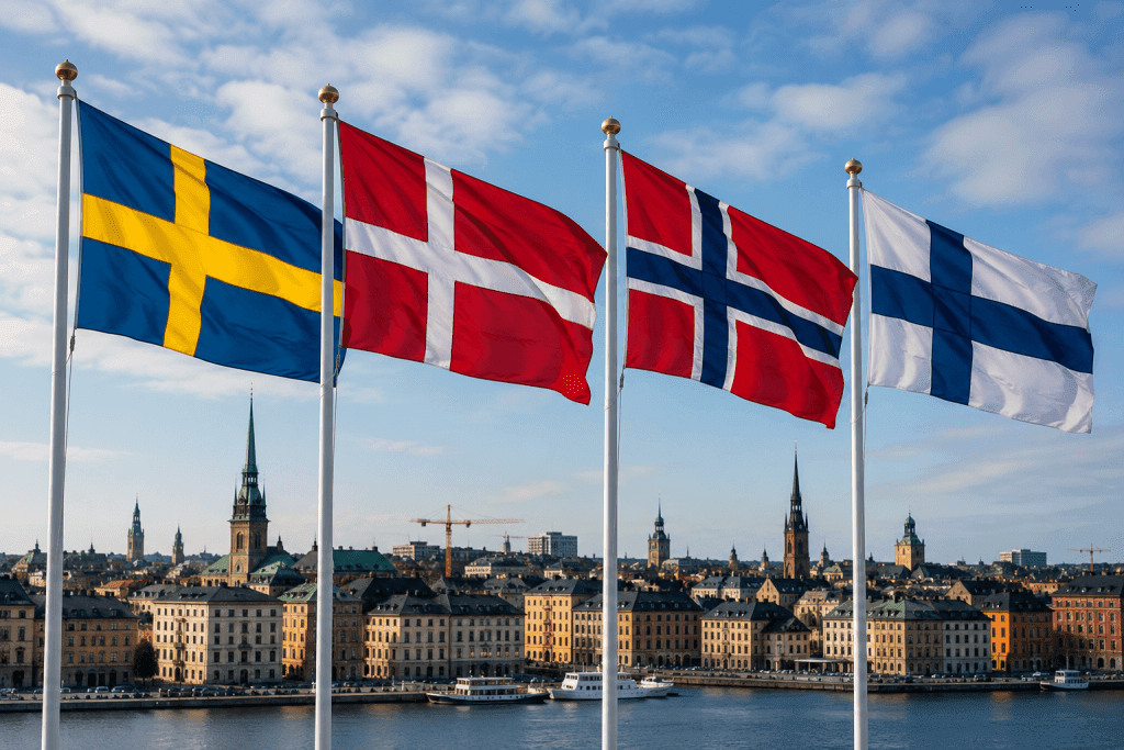 Nordic financial markets represented by the skylines and national flags of Sweden, Denmark, Norway and Finland amid plans for deeper stock exchange integration