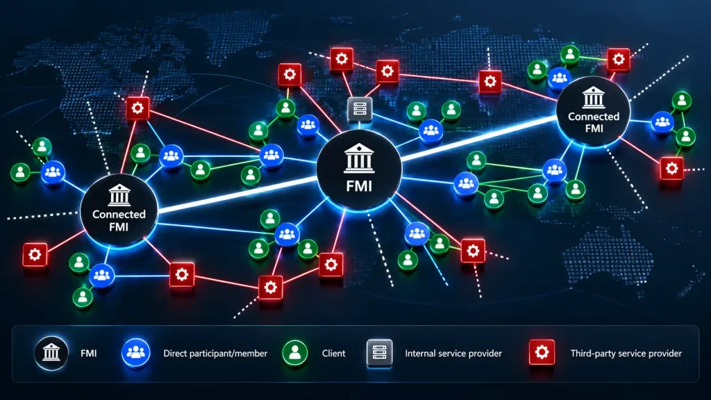 Global financial market infrastructure and cybersecurity systems representing the new BIS and IOSCO cyber resilience toolkit