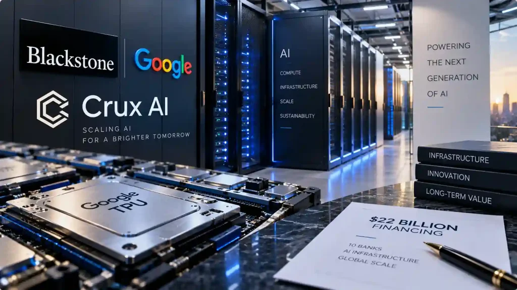 AI data center with advanced computing chips representing Crux AI’s $22 billion bank financing backed by Blackstone and Google