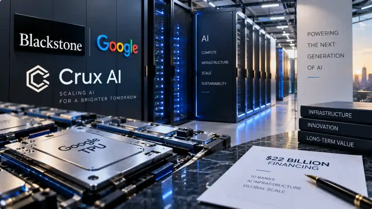 AI data center with advanced computing chips representing Crux AI’s $22 billion bank financing backed by Blackstone and Google