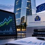 European financial district representing hedge fund euro rates trading as ECB bank liquidity declines across the euro area