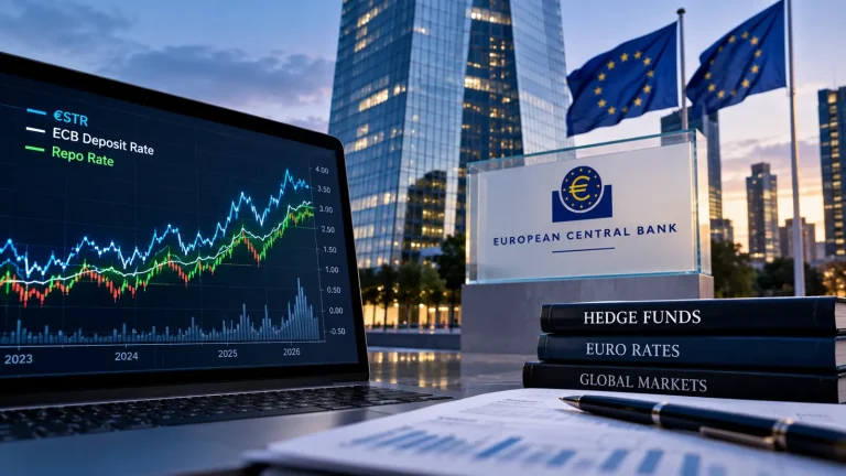 European financial district representing hedge fund euro rates trading as ECB bank liquidity declines across the euro area