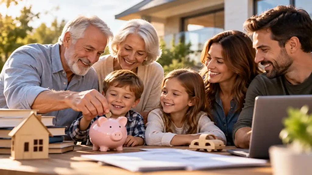 Three generations of a US family representing financial support from grandparents to younger parents amid rising childcare and living costs