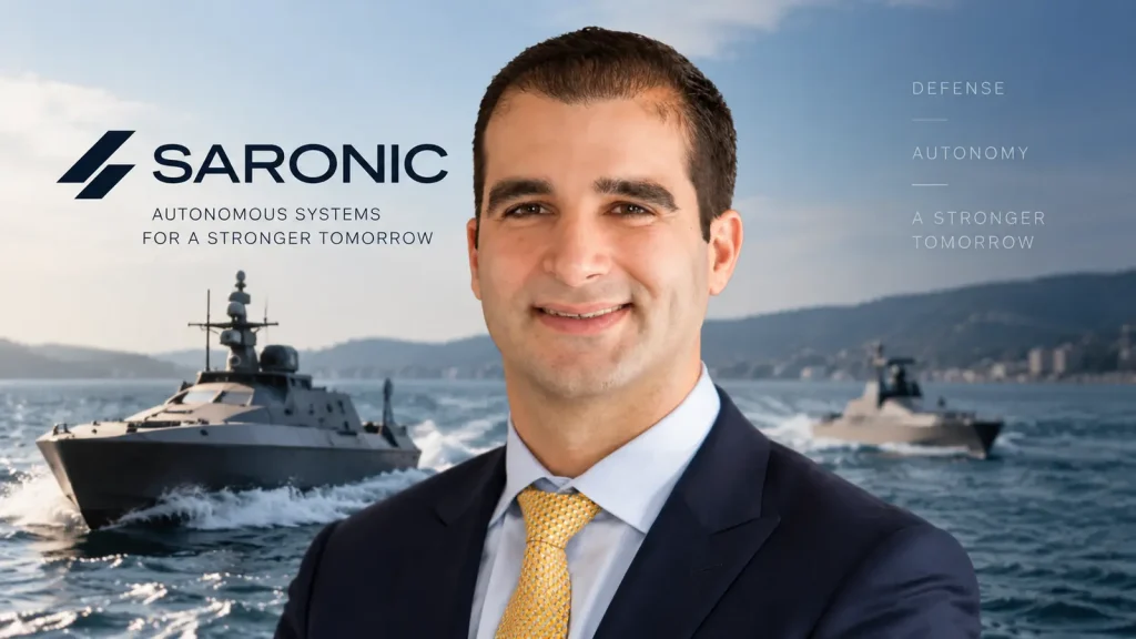 Saronic CEO Dino Mavrookas and autonomous defense technology representing the company's $9.25 billion private-market valuation