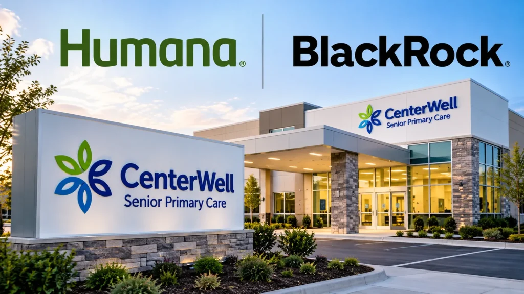Humana and BlackRock branding above a CenterWell Senior Primary Care facility, illustrating the $2.8 billion joint venture transaction.