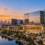 Modern corporate office development in Plano, Texas, representing KDC's proposed $3.5 billion financing for AT&T's new global headquarters.