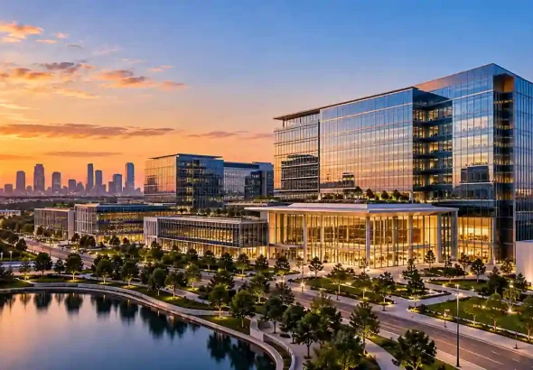 Modern corporate office development in Plano, Texas, representing KDC's proposed $3.5 billion financing for AT&T's new global headquarters.