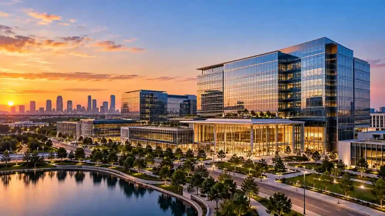 Modern corporate office development in Plano, Texas, representing KDC's proposed $3.5 billion financing for AT&T's new global headquarters.
