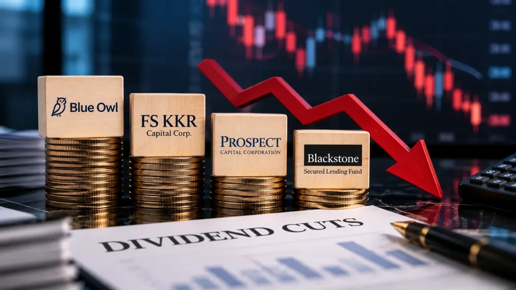 Financial market visualization of private credit dividend reductions involving Blackstone Secured Lending, FS KKR, Blue Owl and Prospect Capital.
