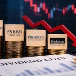 Financial market visualization of private credit dividend reductions involving Blackstone Secured Lending, FS KKR, Blue Owl and Prospect Capital.