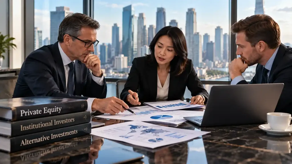 Institutional investment professionals reviewing private equity transactions as global co-investment activity reaches $198 billion in the first half of 2026.