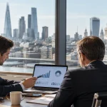 Financial professionals reviewing wealth management acquisition data in a London boardroom, illustrating private equity-led consolidation in the UK