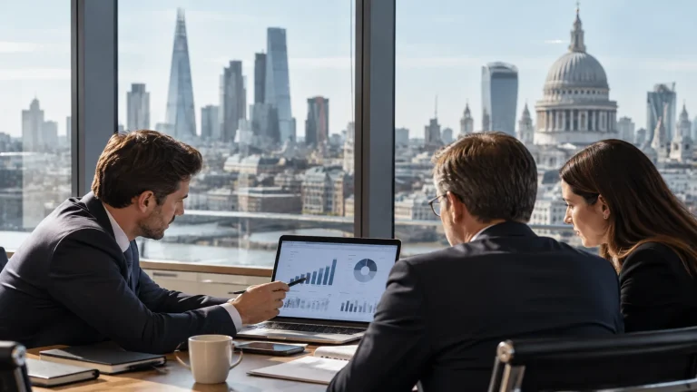 Financial professionals reviewing wealth management acquisition data in a London boardroom, illustrating private equity-led consolidation in the UK