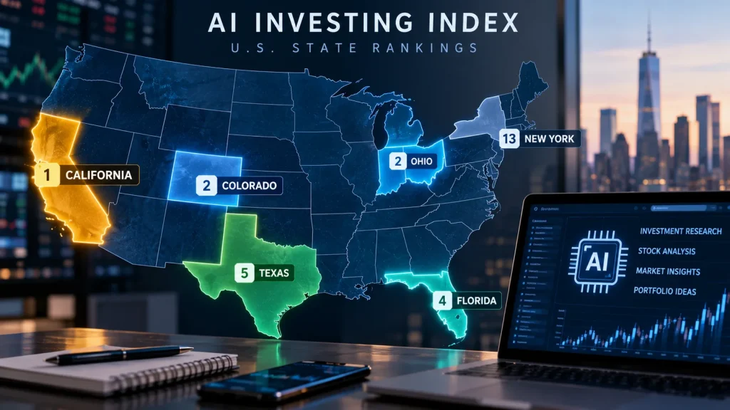 U.S. map illustrating the 2026 AI Investing Index, highlighting California in first place, Ohio and Colorado tied for second, Florida fourth, Texas fifth and New York 13th.