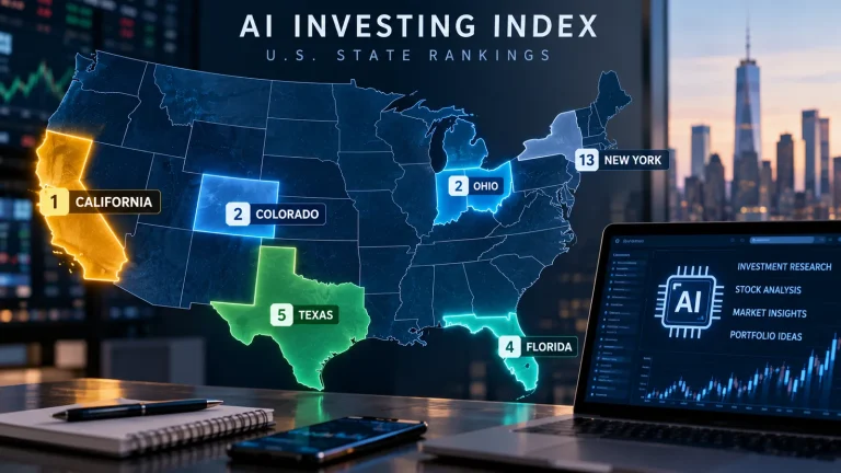 U.S. map illustrating the 2026 AI Investing Index, highlighting California in first place, Ohio and Colorado tied for second, Florida fourth, Texas fifth and New York 13th.