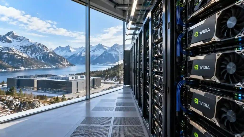 AI data center infrastructure in Norway with Nvidia GPU server racks, representing Volta's $5 billion leveraged-loan financing arranged by JPMorgan