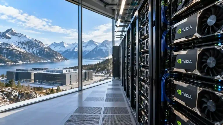 AI data center infrastructure in Norway with Nvidia GPU server racks, representing Volta's $5 billion leveraged-loan financing arranged by JPMorgan